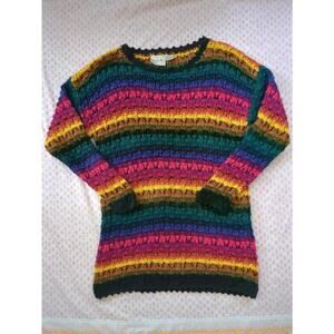 Vintage 90s Chunky Knit Rainbow+ Black Stripe Long Sleeve Sweater Dress Large